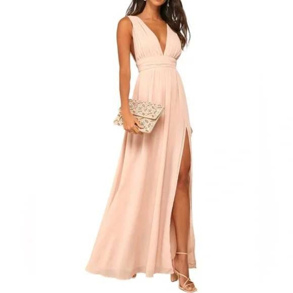 Lulus Heavenly Hues Blush Pink Maxi Dress V-Neck Pleated Bridesmaid Gown L NWT